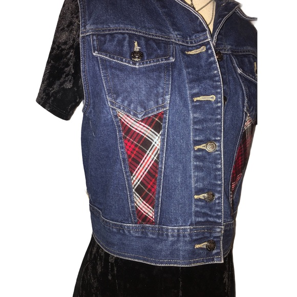 Upcycled Red Plaid Stars Rocker Punk Denim Vest - Picture 5 of 13